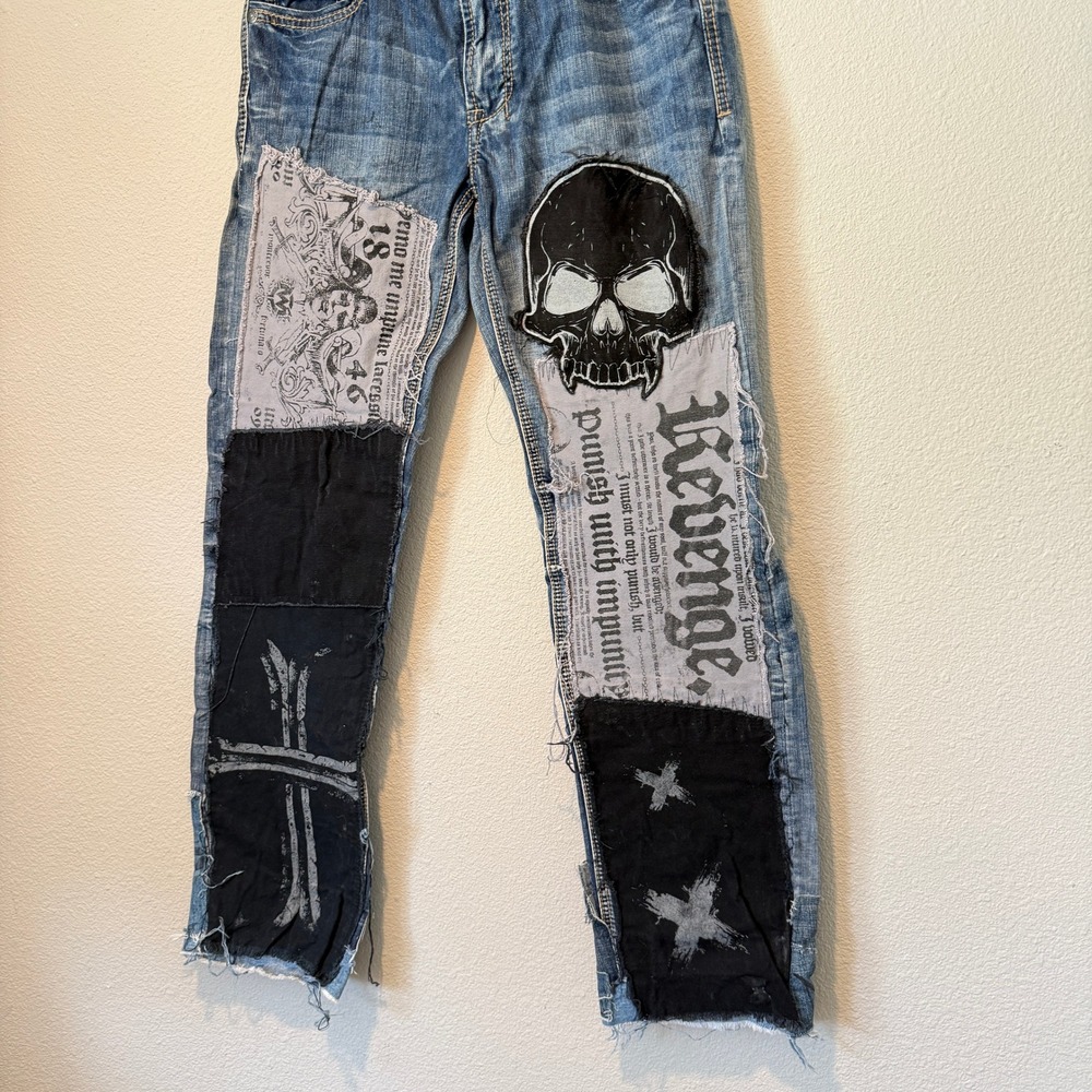Axel Brand Mens Custom Patchwork Skull Revenge Graphic Jeans Medium Wash Blue